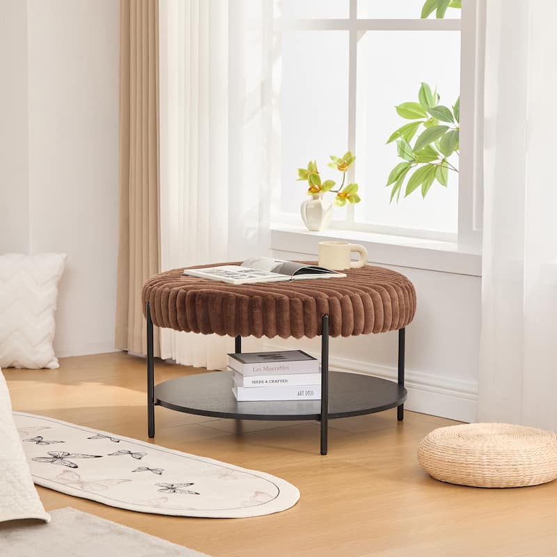 30.9"Wide Upholstered Round Ottoman Coffee Table Foot Rest with Black Metal Legs, Footstool with Wooden Open Storage Shelf