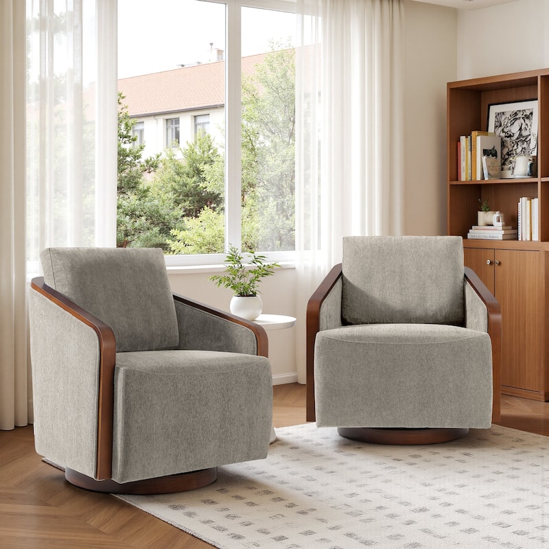 Chenille Modern 360°Swivel Barrel Chair Wood Base (Set of 2)