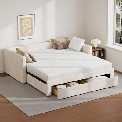 Twin Size Upholstered Bed Extendable Daybed Frame Twin to King Design Chenille Fabric Sofa Bed with Trundle and Storage Drawers