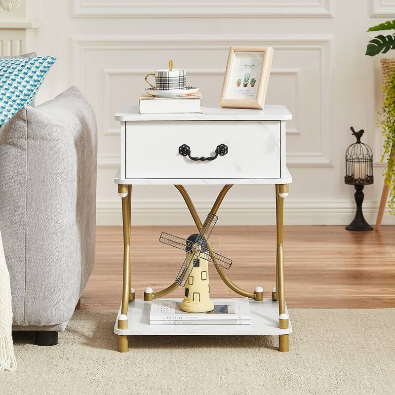 VECELO Mid Century Nightstand with Drawer & Open Shelf Curved X-Design Vintage Bedside Table for Bedroom and Living Room