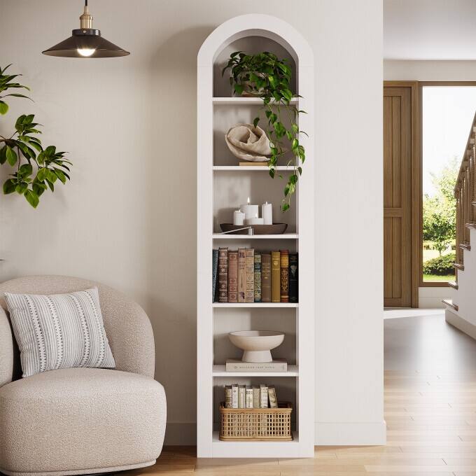 74.8-Inch Arched Tall Bookshelf, 6-Tier Rustic Wooden Bookcase