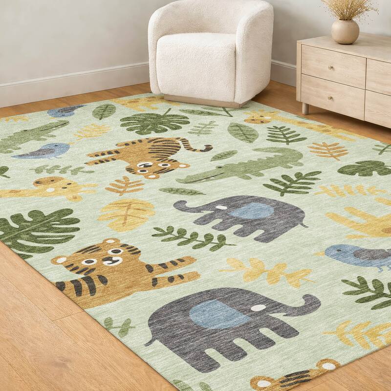 Machine Washable Indoor/ Outdoor Whimsy Safari Animals Chantille Rug