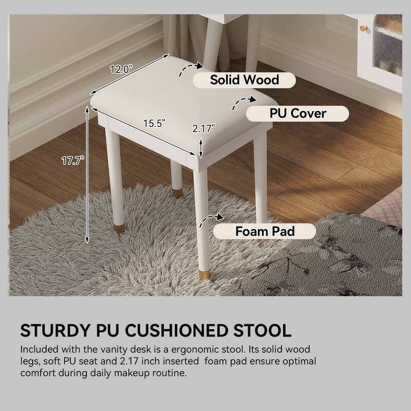 Vanity Makeup Table and Chair Set, Built-in Power Charging Station Dressing Table Writing Desk with Storage Organizer