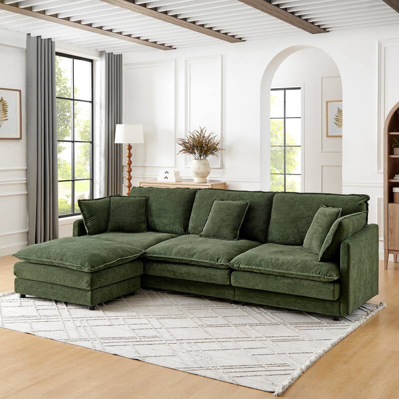 Upholstered Deep Seat Chaise Lounge Couches L-shaped Sectional Sofa Living Room Towel Fabric Sofa with Ottoman and Pillows