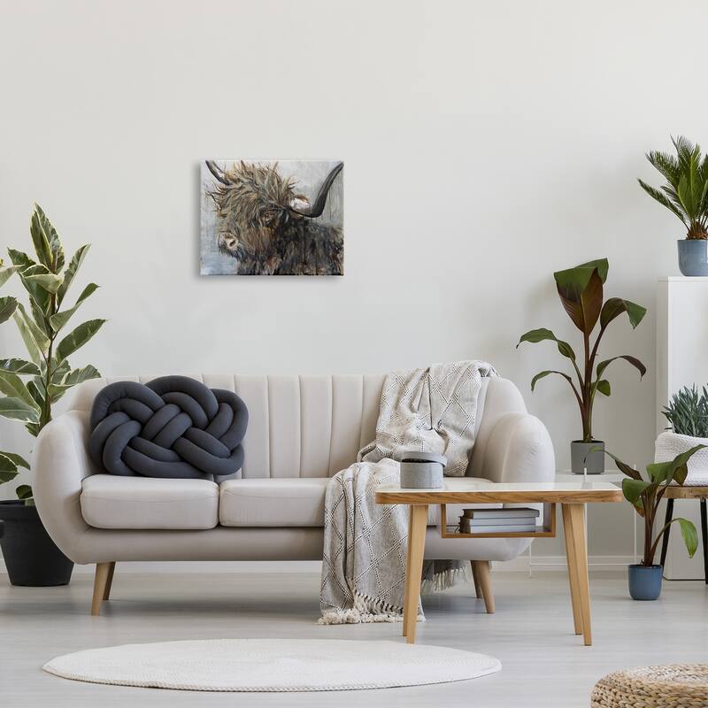 Stupell Baby Highland Cattle Portrait Rustic Rain Paint Drip Canvas Wall Art - Grey