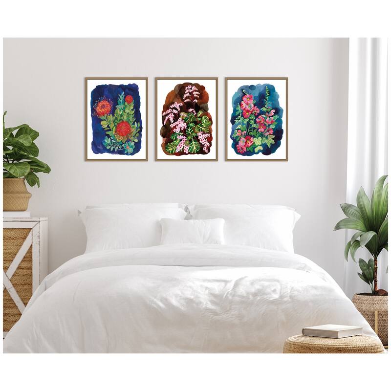 Kate and Laurel Proteas in Blue & Hollyhock 3 Piece Framed Canvas Wall Art Set by Lucia Gianello