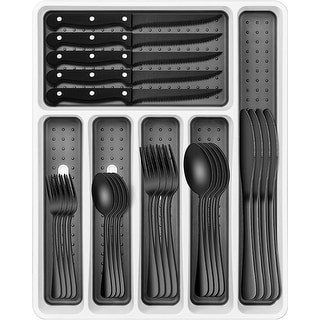 Black Silverware Set, 49-Piece Flatware Set with Drawer Organizer - Bed ...