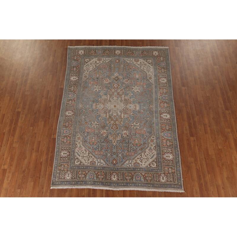 Gray Geometric Tabriz Persian Vintage Rug Hand-Knotted Wool Carpet - 6'5" x 9'5"