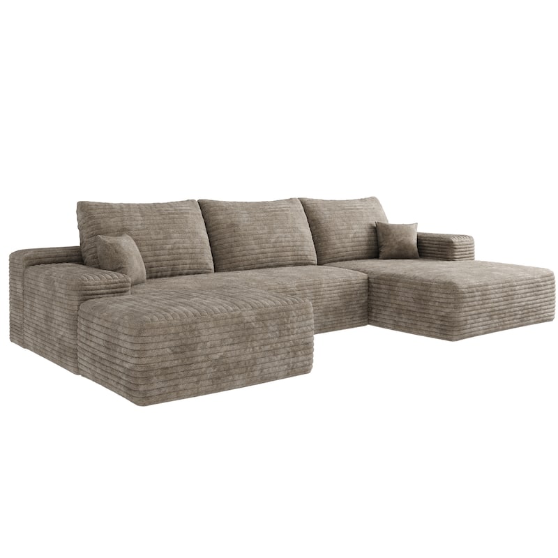 Living Room Corduroy U-shaped Chaise Sectional Sofa with Ottoman, Modern Floor Standing Deep Seat Cloud Upholstered Couch