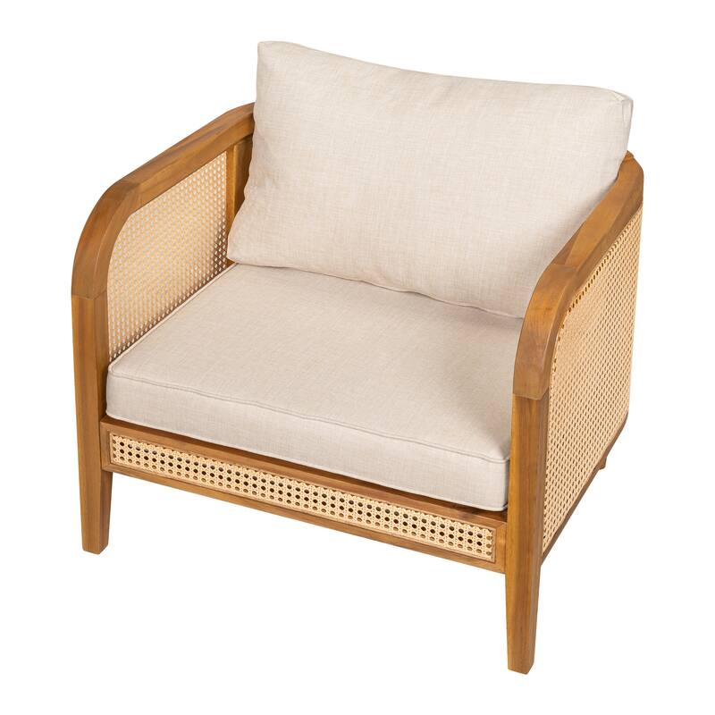Roomfitters Kirkby Outdoor Acacia Wood Arm Chair with Wicker Back and Cushion, Teak Finish and Beige