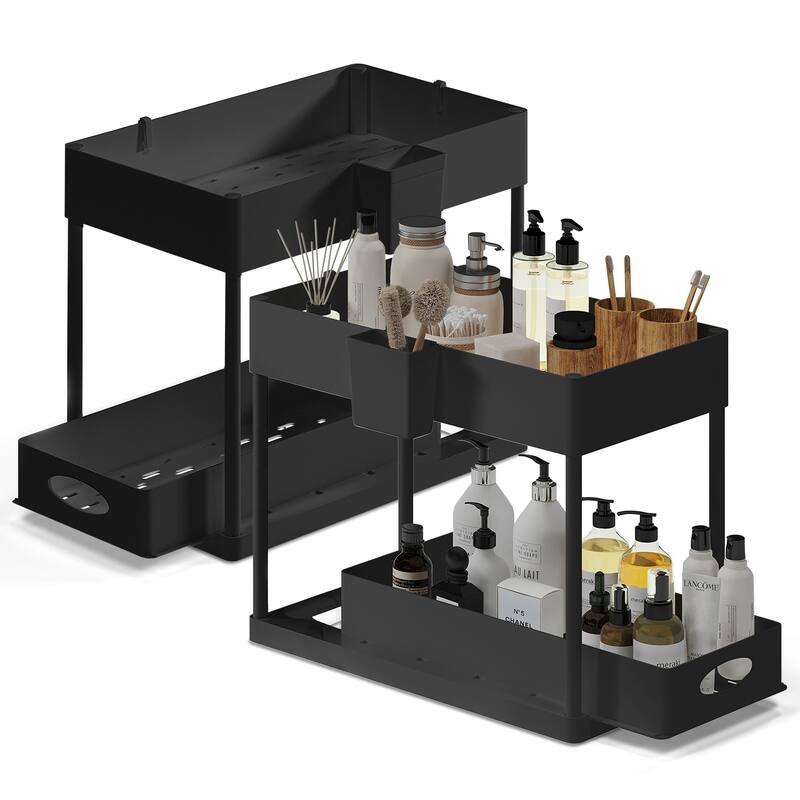 StorageBud 2 Tier Under Kitchen Sink Organizer with Sliding Drawer-Bathroom Cabinet Organizer with Utility Hooks and Side Caddy - 2 Pack - Black