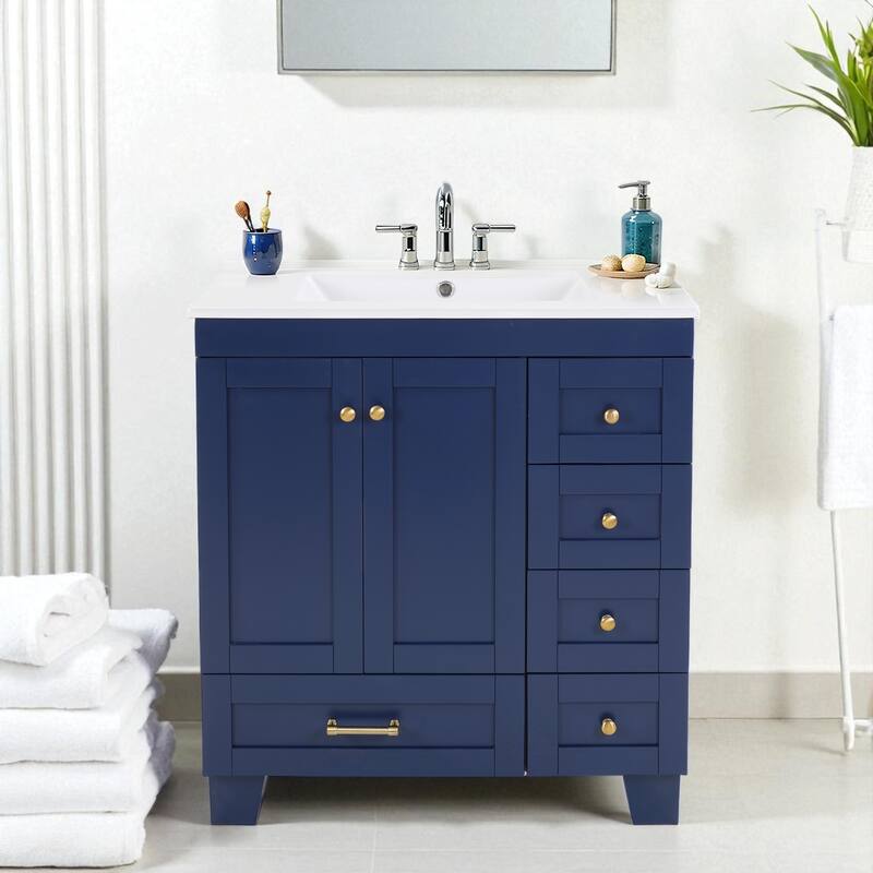 30" Bathroom Vanity with Ceramic Sink Solid Wood Frame Soft Close Drawers and Adjustable Storage Shelves - Blue