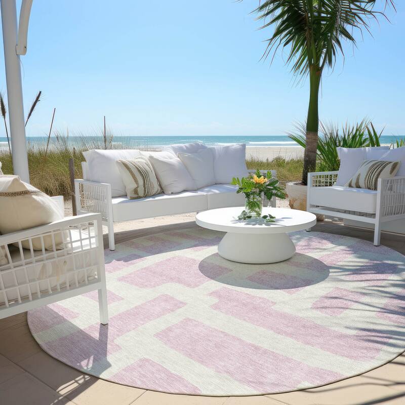 Machine Washable Indoor/ Outdoor Chantille Geo Contemporary Rug - Pink - 8' x 8'