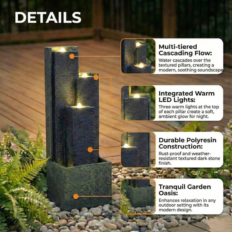 39" H Outdoor Water Fountain Modern Cascading Freestanding Fountain with LED Lights for Garden Patio Porch Lawn Backyard Decor