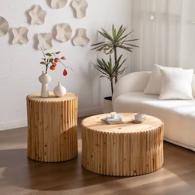 Set of 2 Retro Fashion Cylindrical Coffee Table with Vertical Texture Relief Design