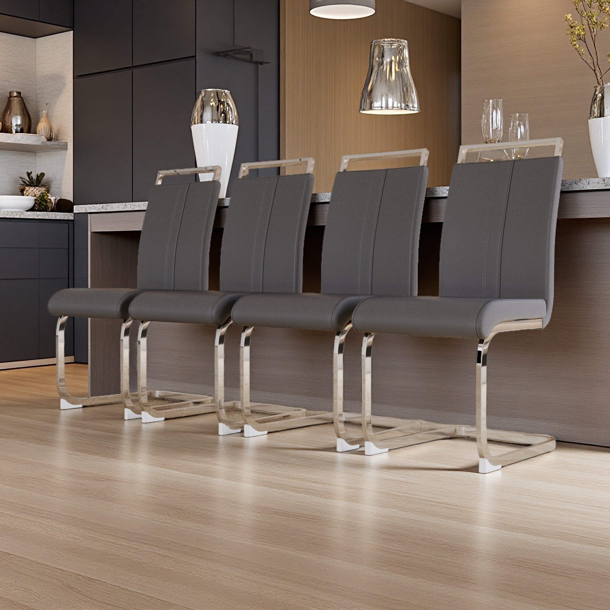 38.58"H Set of 4 PU Faux Leather Dining Chairs with C-Shaped Chrome Metal Legs, Upholstered Side Chairs with Ergonomic Backrest