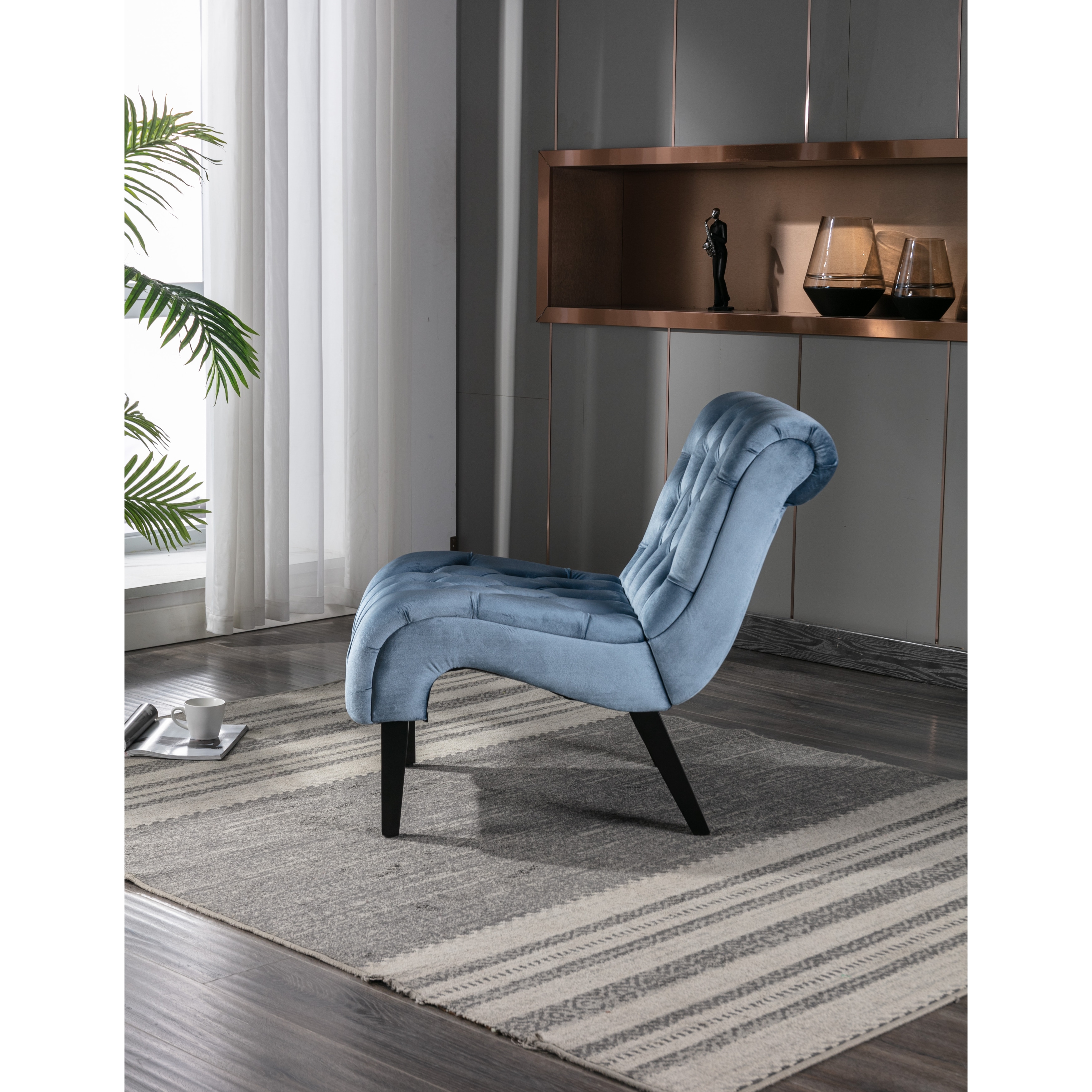 Chaise Blue Gray Armchair Accent Chair, Velvet Tufted Armchair