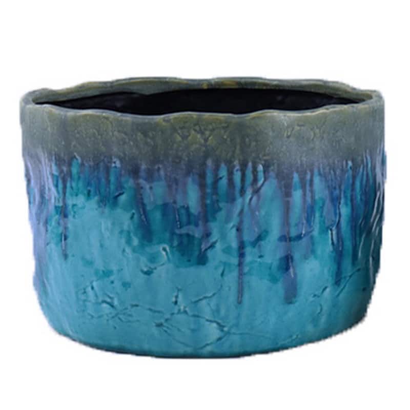 Foy Wide Planter Set of 2, Two Tone Blue Ceramic, Round, Modern Style