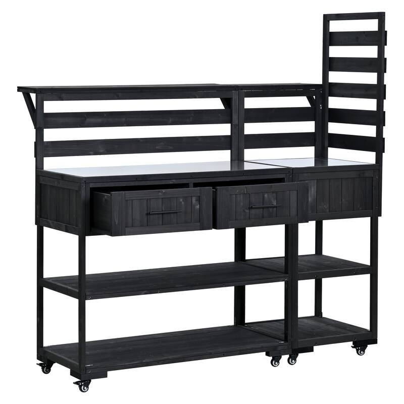 Solid Wood 62.3'' Patio Kitchen Island Kitchen Cart with Stainless Table Top, Garden Potting Bench with Raised Shelf and Drawers