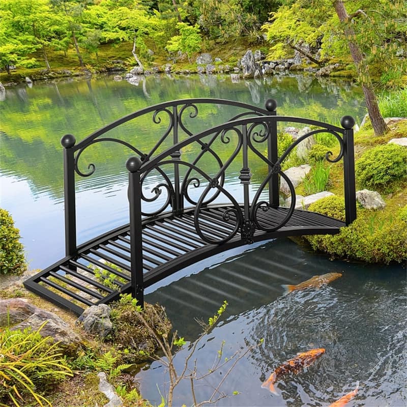 Vintage Style Decorative Steel Garden Bridge with Floral Motifs and Safety Side Rails for Outdoor Pond Stream