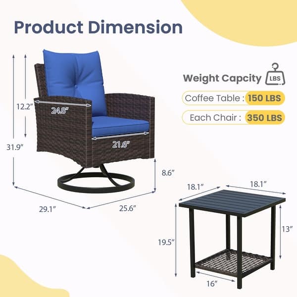 dimension image slide 2 of 6, Outdoor Swivel Rocker Patio Chairs Set of 2 with Coffee Table &Cushions, Rattan Bistro Set for Porch, Backyard, Balcony