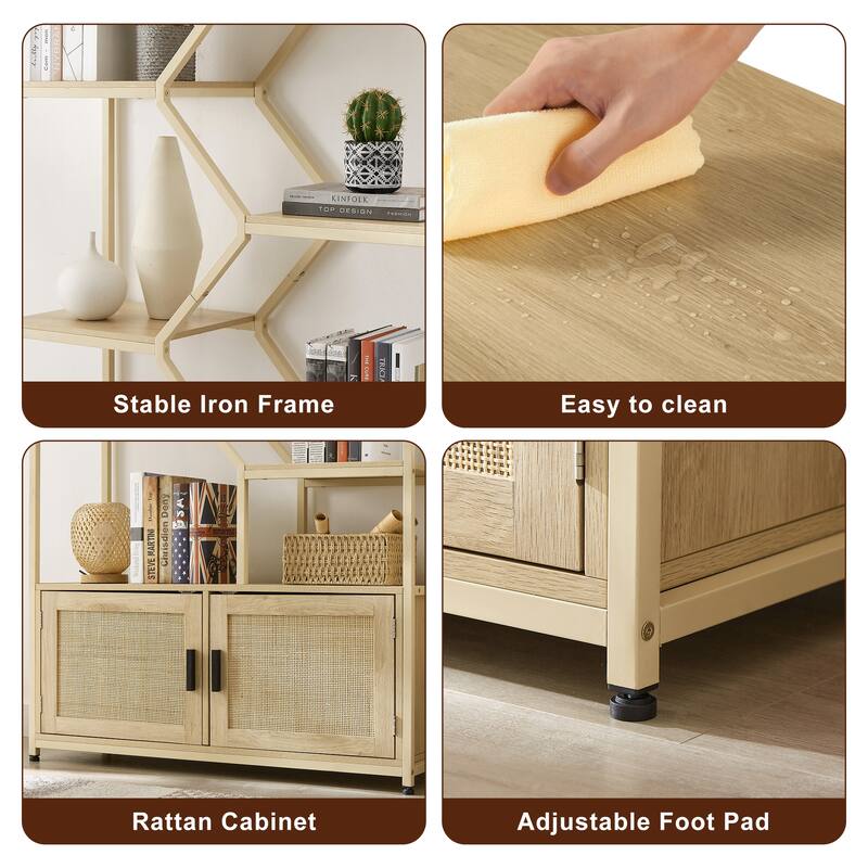 Anmytek 7-Tier Bohemian Rattan Storage Bookcase with Cabinet