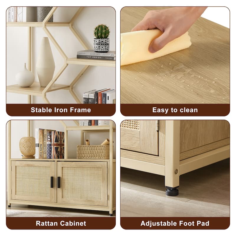 Rattan bookshelf 5 tiers Bookcases Storage Rack - 39.4’’w x 13.8’’d x 75.6’’h