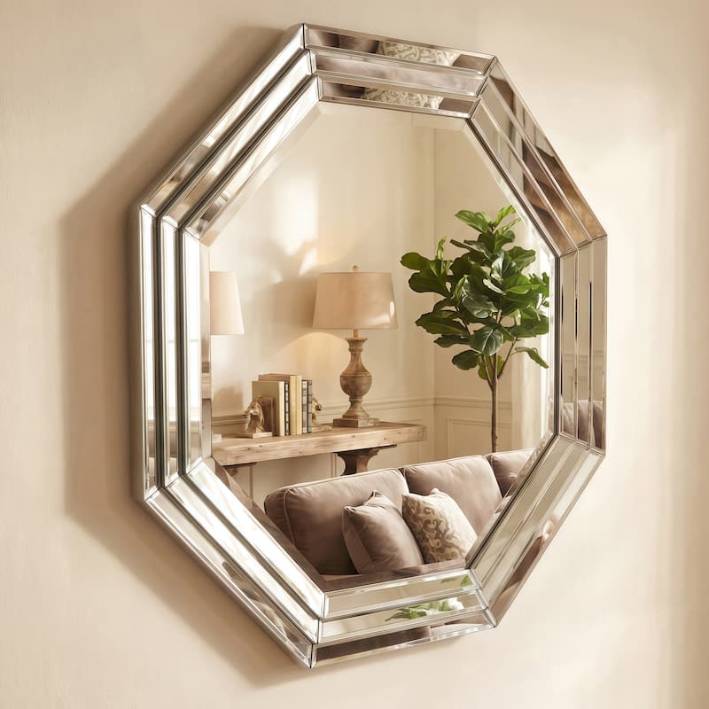 Multi-Faceted Framed Octagon Wall Mirror, Ready to Hang, 32" x 32" - Clear - 32 x 32
