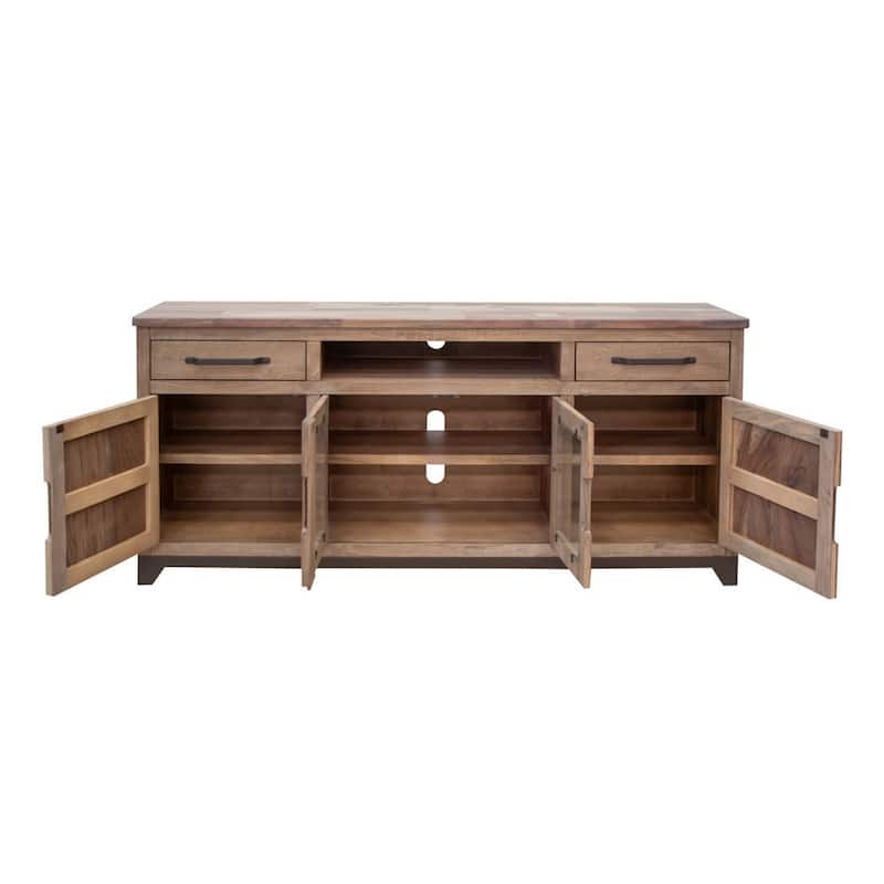 Umey 70 Inch TV Entertainment Console, 2 Drawers, Shelves, Wood, Brown