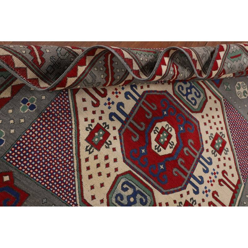 Geometric Gray Kazak Oriental Area Rug Handmade Wool Carpet - 6'4" x 10'0"
