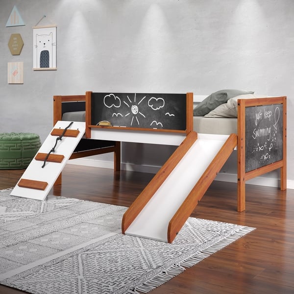slide 2 of 5, Oak Twin Size Solid Wood Loft Bed with Slide and Fence Oak
