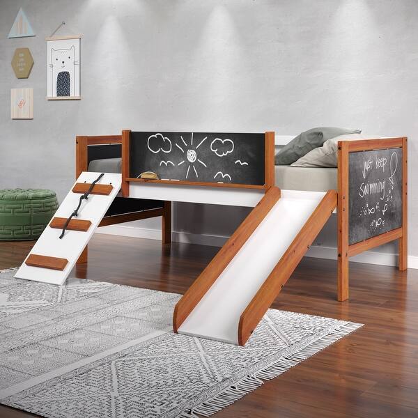 slide 2 of 5, Twin Size Solid Wood Loft Bed with Slide and Fence for Kids, Boys and Girls, Bedroom Oak