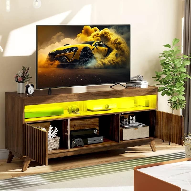 LED Fluted TV Stand for 65 Inch Television w/ Power Outlets - 58 inches