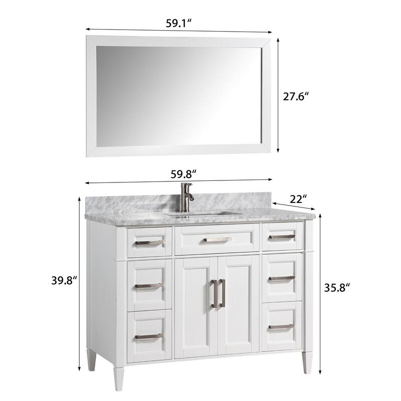 Vanity Art 60-Inch Single Sink Bathroom Vanity Set Carrara Marble Stone Top 7 Drawers 1 Shelf Undermount Sink with Free Mirror