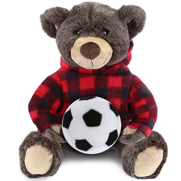 slide 2 of 6, DolliBu Brown Bear with Soccer Ball Plush and Red Plaid Hoodie - 10 inches