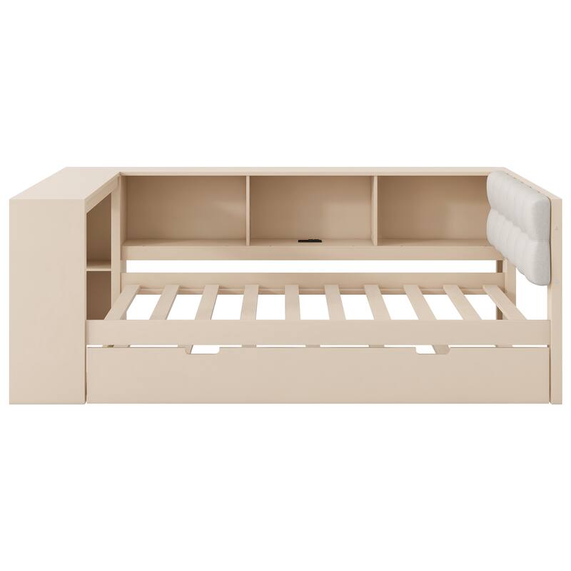 Wood Full/Twin Platform Bed with Storage Shelves, Trundle, Charging Station & Upholstered Headboard