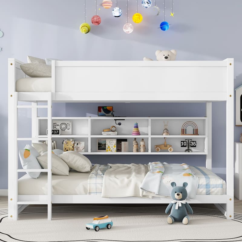 Queen Over Queen Bunk Bed with Built-in Storage Cabinets,Charging Station,Ladder,Safety Guardrails - White
