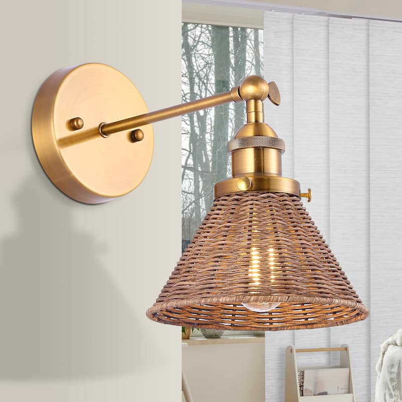 1-Light Farmhouse Brown Rattan Gold Brass Wall Swing Arm Lamp Wall Sconce - Gold/Brown