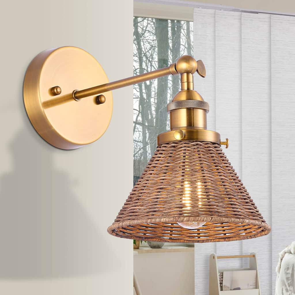 1-Light Farmhouse Brown Rattan Gold Brass Wall Swing Arm Lamp Wall Sconce
