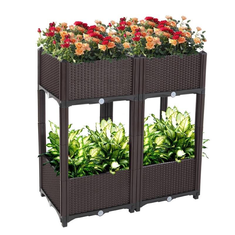 Set of 4 Brown Indoor & Outdoor Plastic Raised Garden Planters Box