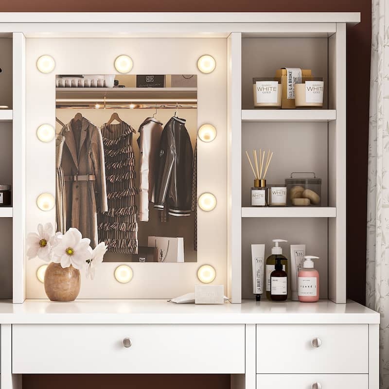 Vanity Desk with LED Lighted Mirror, Vanity Table Set with Drawers and Open Shelves, Makeup Table with 3 Lighting Modes