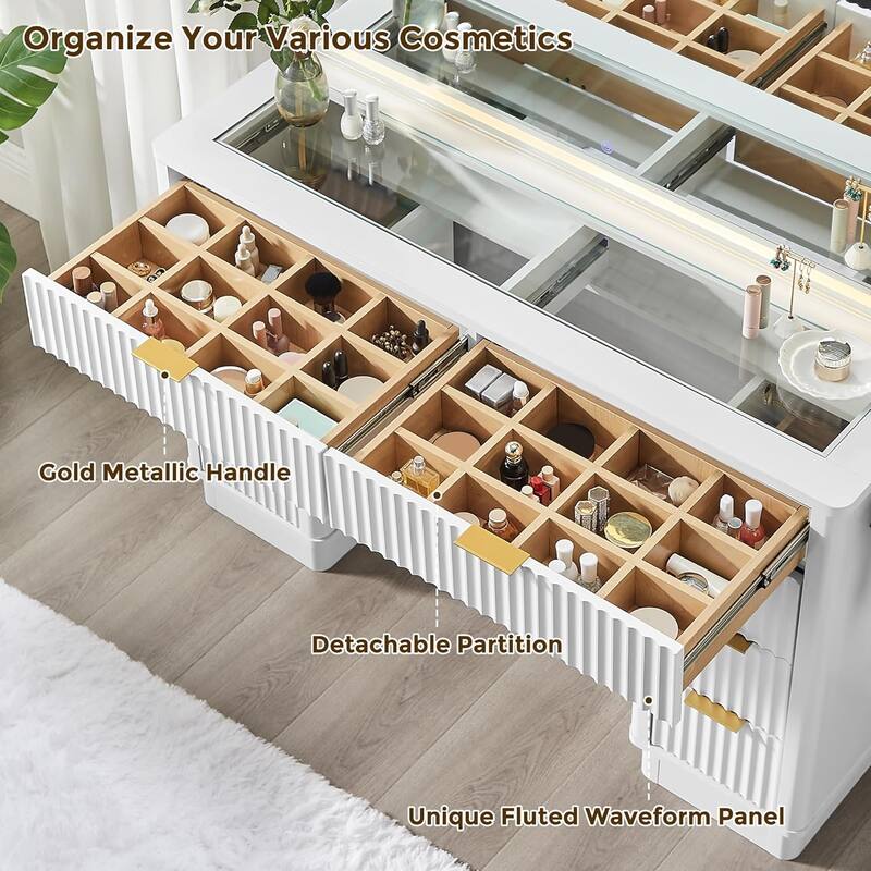 Modern Fluted Makeup Vanity Desk with Mirror, Lights, Charging Station