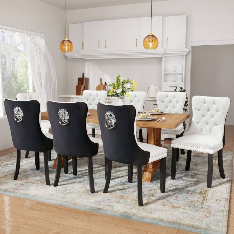 Tufted Naliheads Solid Wood Upholstered Dining Chairs Set of 8 - WhiteBlack BlackLegs
