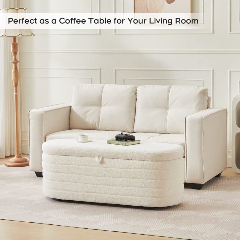 45" White Teddy Storage Ottoman Bench for Living Room Bedroom,Oval Sherpa Storage Bench Ottoman Foot Rest Anti-slip Legs