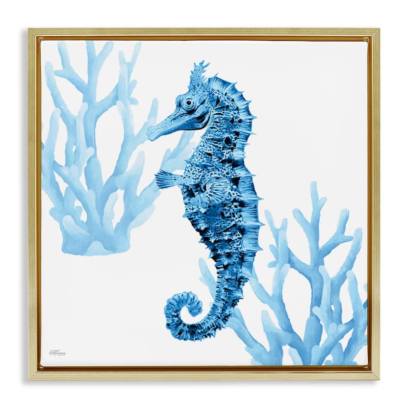 Stupell Blue Tone Seahorse & Coral Framed Floater Canvas Wall Art Design By Cat Thurman Designs - 25 x 25 - Gold
