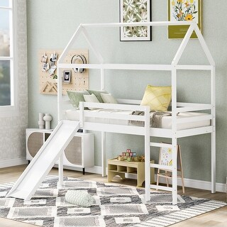 Modern Style Loft Bed with Built-in Roof, Slide and Ladder, Space-saving, Twin Size, White