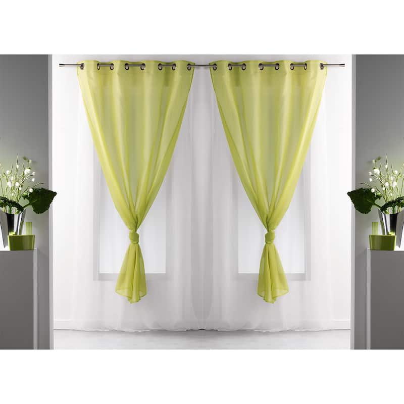 Double Layer Window Extra Wide Curtain Drape Elegant Two-Tone Sheer Curtain - 2 Panels - Green/White