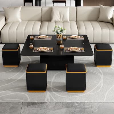 Lift-Top Coffee Table with 4 Storage Stools for Living Room