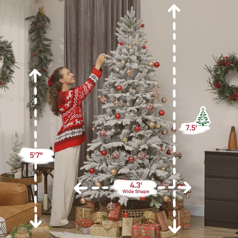 HOMCOM 7.5 ft Artificial Frosted Christmas Tree with Realistic Branches, Wide Full Spruce Holiday Decor, Hinged Xmas Tree