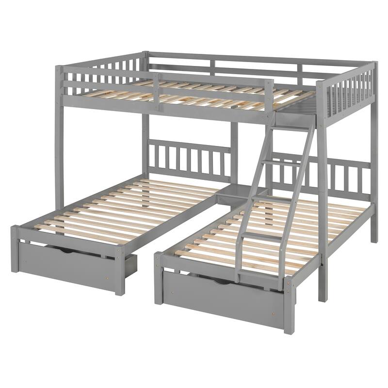 Wood Triple Bunk Bed with Drawers and Guardrails, Full Over Twin & Twin, Gray